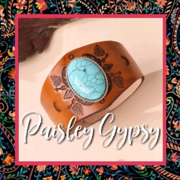 Boho Turquoise Colored Stone In PU Leather Snap On Cuff Bracelet - Picture 1 of 4